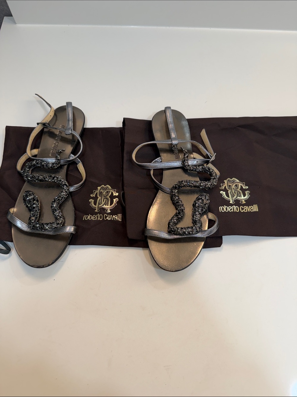 Roberto Cavalli Gunmetal Snake-Embellished Leather Sandals